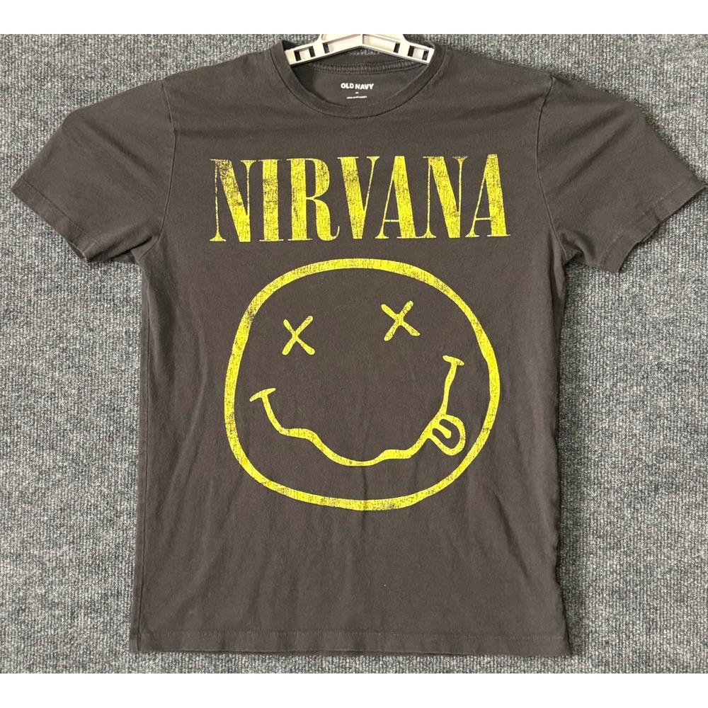 Old Navy Nirvana Smiley‎ Face Graphic Band Tee Charcoal Gray Size XS